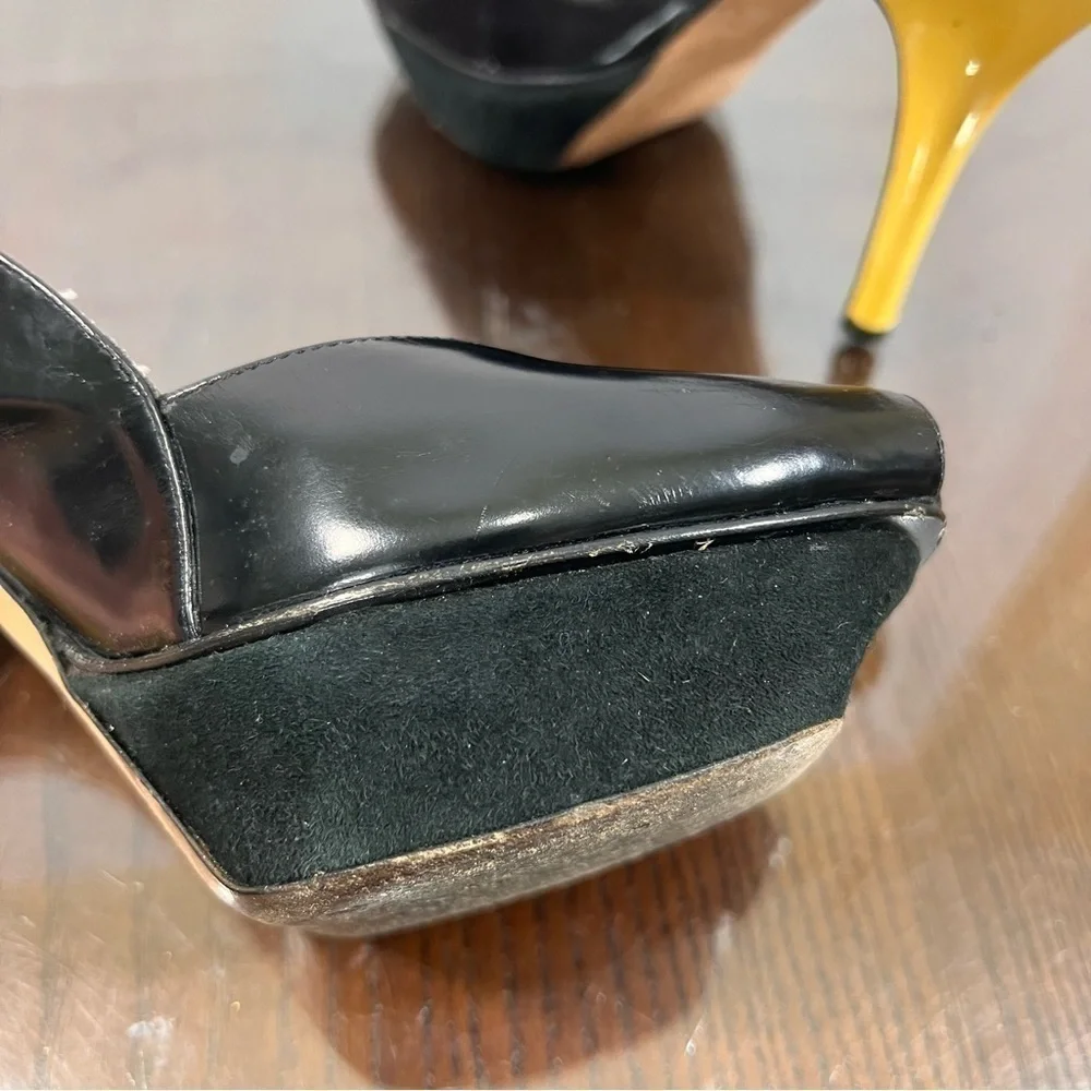 YSL Patent & Calf Leather peep toe sling back pumps 37 GUC sexy chic vintage
